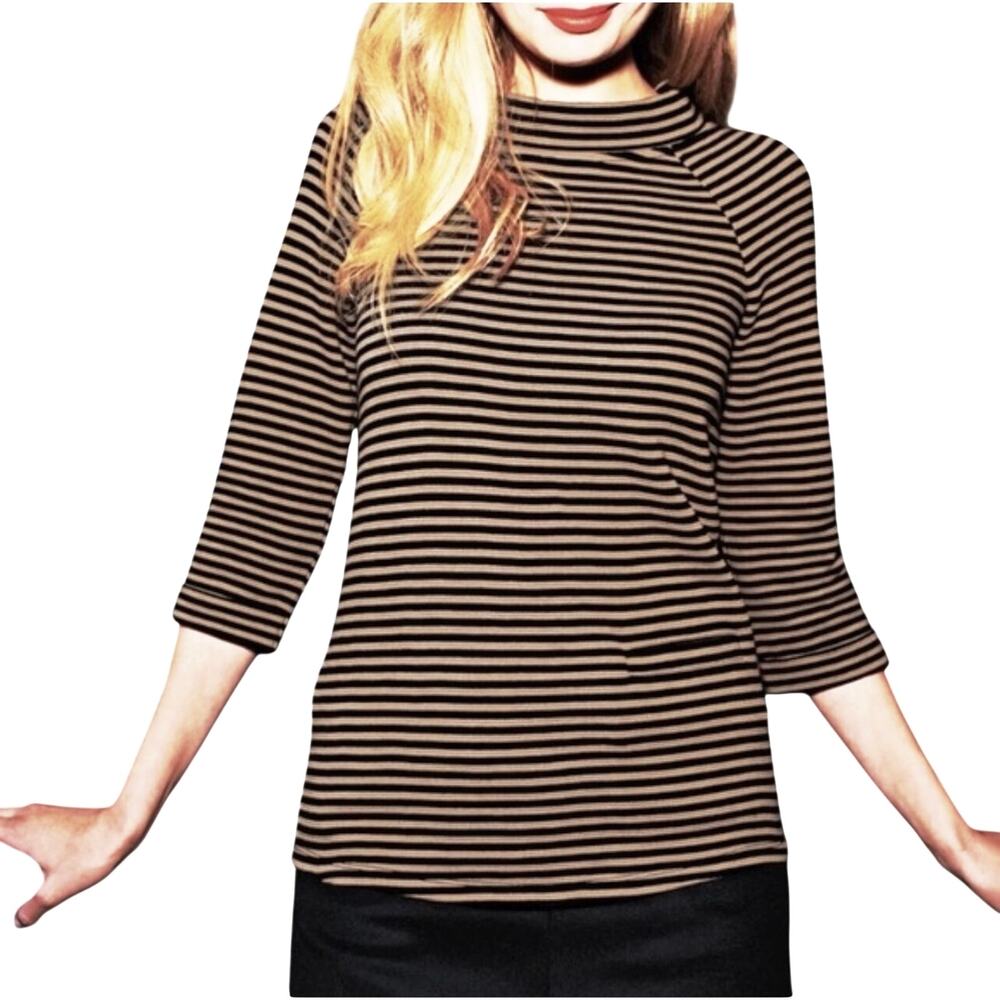 BODEN Women’s Classic Prep Black and Camel Striped Wide Neck Knit Top